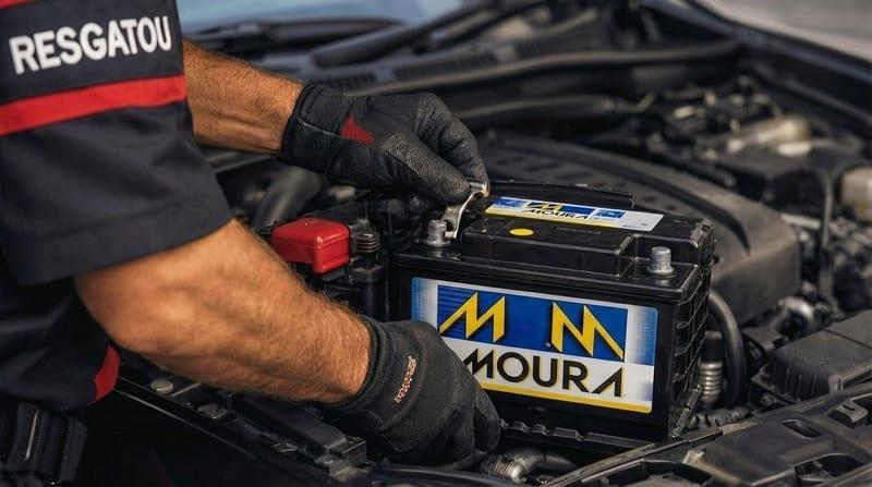 Técnico da Resgatou fazendo a troca de bateria automotiva no local